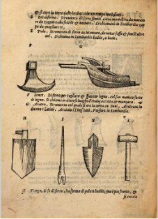Instrumentos de labranza. Xilografía de la edición italiana de 1568. Ejemplar de la  Bibliotheque du Palais des arts Ville de Lyon