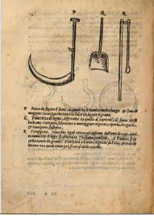 Instrumentos de labranza. Xilografía de la edición italiana de 1568. Ejemplar de la  Bibliotheque du Palais des arts Ville de Lyon