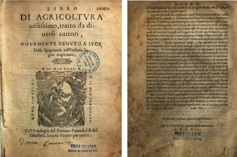 Portada y Colofón, edición italiana de 1557. Ejemplar de la  Bibliotheque du Palais des arts Ville de Lyon