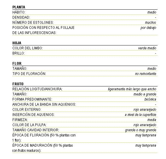 Planta de hbito medio, muchos estolones y posicin por debajo con respecto al follaje de las inflorescencias. Color del limbo de la hoja verde medio. La flor es de tamao medio no remontante. El fruto es ligeramente ms largo que ancho de tamao medio a grande y forma bicnica, firmeza media, color externo rojo anaranjado, la insercin de aquenios a nivel de la superficie, el color de la pulpa es rojo anaranjado, el tamao de la cavidad interior es grande o muy grande, la poca de floracin (50 por ciento plantas con una flor) y la poca de maduracin (50 por ciento plantas con frutos maduros) son muy tempranas.