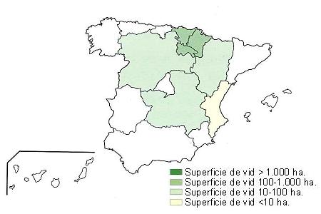 Mapa de Espaa  que muestra Navarra, Pas Vasco y La Rioja con una superficie de vid superior a 1000 hectreas, Aragn, Castilla Len y Castilla la Macha entre 100 y 1000 hectreas, y Comunidad Valenciana con una superficie de vid inferior a 10 hectreas..