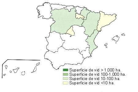Mapa de Espa�a  que muestra  Castilla Le�n, Navarra, Arag�n, Comunidad Valenciana con una superficie de vid entre 10 y 100  hect�reas y Catalu�a, La Rioja y Madrid con una superficie de vid inferior a 10 hect�reas..