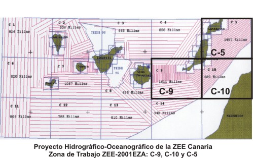 Imagen de un plano del archipiélago Canario con la leyenda 'Proyecto Hidrográfico-Oceanográfico de la ZEE Canaria - Zona de trabajo ZEE-2001EZA: C-9, C-10 y C-5'
