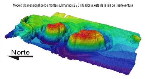 Modelo tridimensional de los montes submarinos 2 y 3 situados al este de la isla de Fuerteventura. 
La gama de colores utilizada es la standard para la representacion de cartografía obtenida mediante ecosonda multihaz