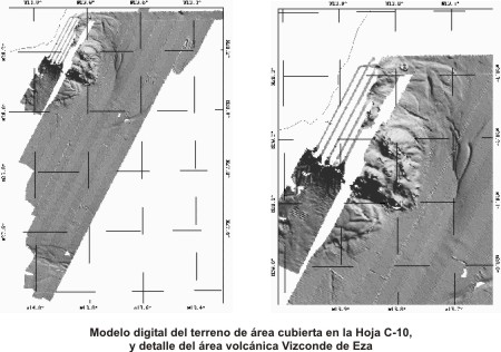 Imagen del modelo digital del terreno del área cubierta en la hoja C-10 con la leyenda 'Modelo digital del terreno del área cubierta en la hoja C-10 y detalle del área volcánica denominada 'Vizconde de Eza'