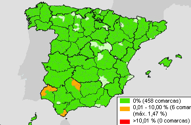 Mapa de la situación comarcal de la enfermedad de aujeszky en España.