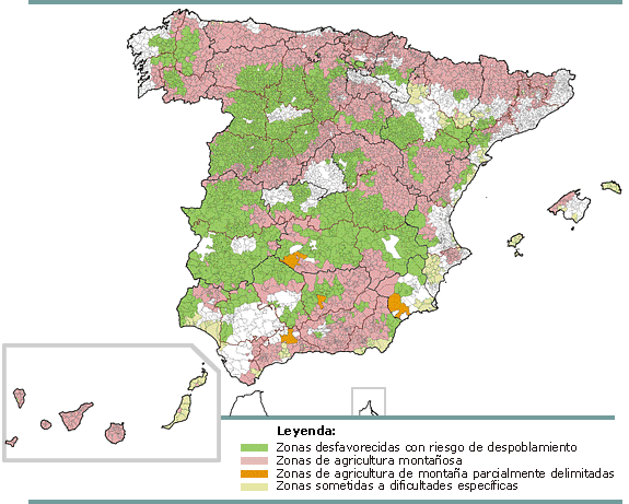 Imagen de un Mapa de España con zonas desfavorecidos en 1999