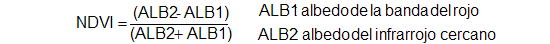 Fórmula matemática para el cálculo del Índice de Vegetación Normalizado NDVI = (ALB2-ALB1) entre (ALB2+ALB1), siendo ALB1 el albedo de la banda del rojo y ALB2 el del infrarrojo cercano.