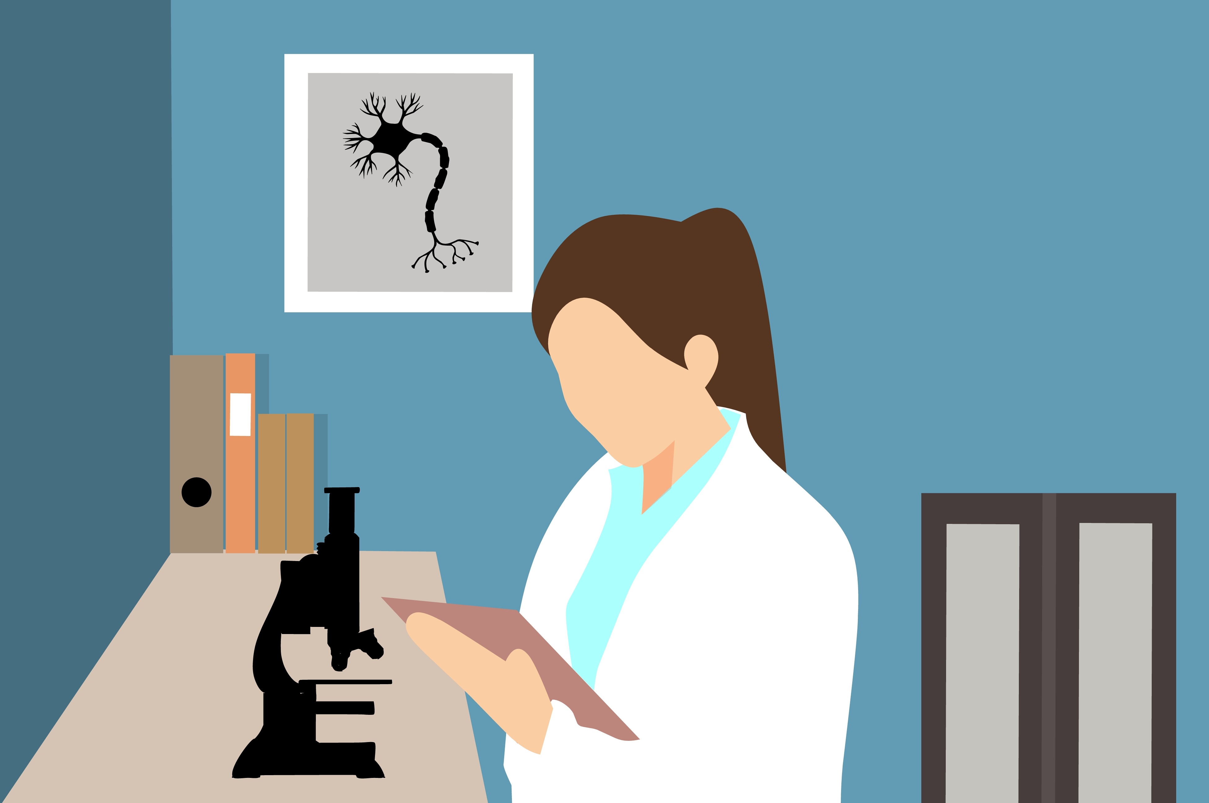 mujer investigadora con un microscopio. control de reactivos de diagnóstico