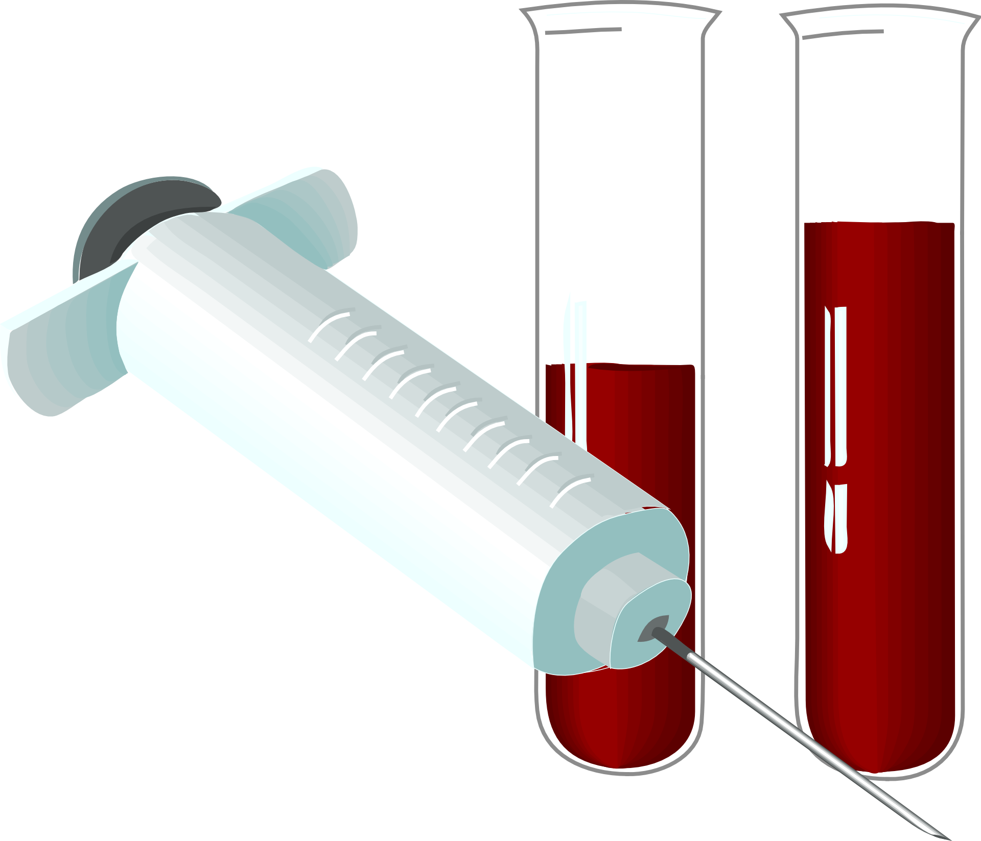 una inyección y dos probetas con líquido rojo