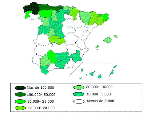 Mapa de España con un análisis por provincias del número de cabezas de ganado bovino lechero para el año 2008 (fuente MARM), destacan Lugo y La Coruña con más de 100.000 cabezas.