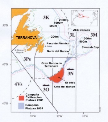 Plano de parte del Gran Banco de Terranova donde aparece señalada la zona donde se realizó la campaña