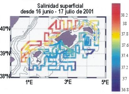 Plano de las Islas Baleares con la leyenda 'Salinidad superficial desde 16 junio - 17 julio de 2001'