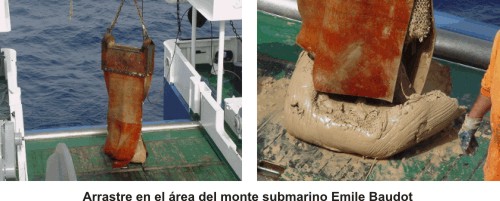 Cuadro de imágenes mostrando el arrastre en el área del monte submarino Emile Baudot