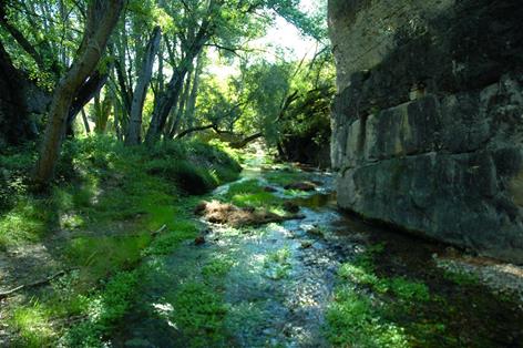 Sobre el vado de piedras, el río y un muro del antiguo molino en ruinas