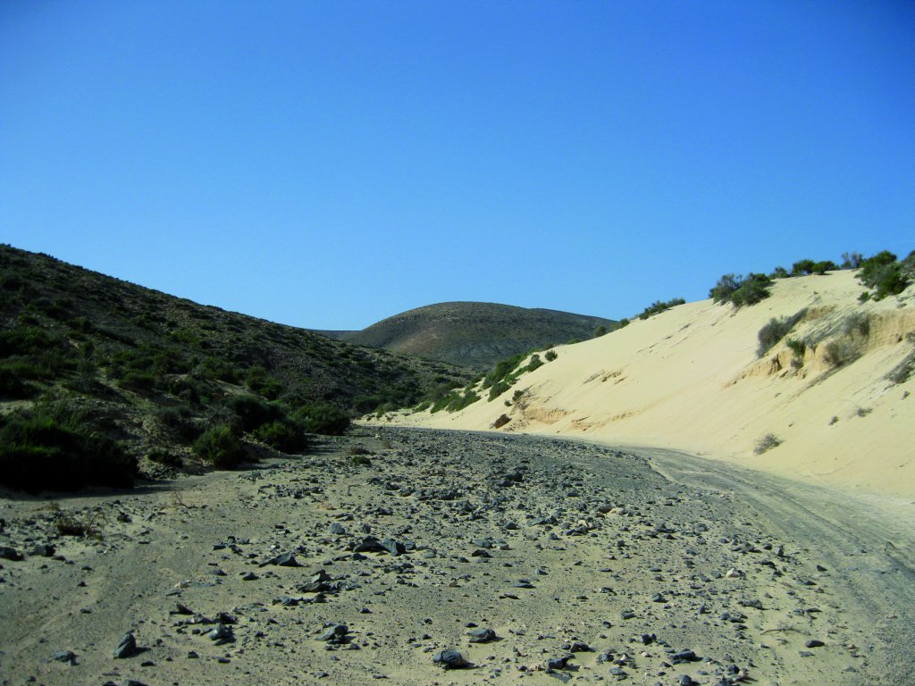 Contraste entre el sistema dunar y las montañas separados por la línea del barranco