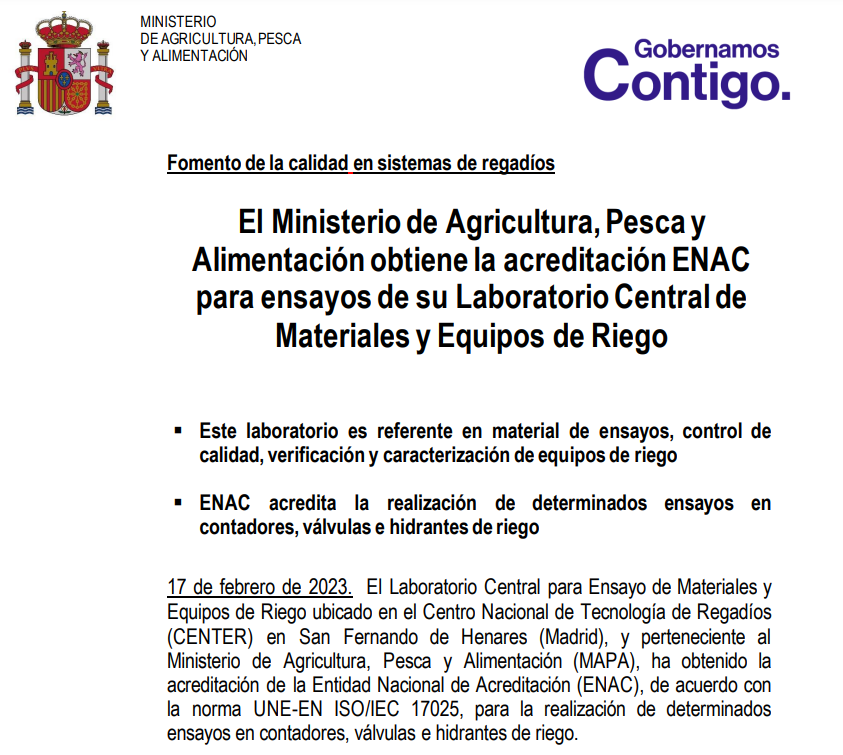 El Ministerio de Agricultura, Pesca y Alimentación obtiene la acreditación ENAC para ensayos de su Laboratorio Central de Materiales y Equipos de Riego