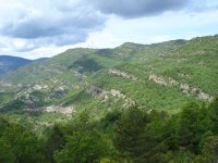 Vista de los estratos de arenisca y zonas boscosas del valle de Belsué