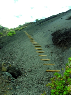 Peldaños de madera en el camino puestos para facilitar el paso por la ladera de grava volcánica